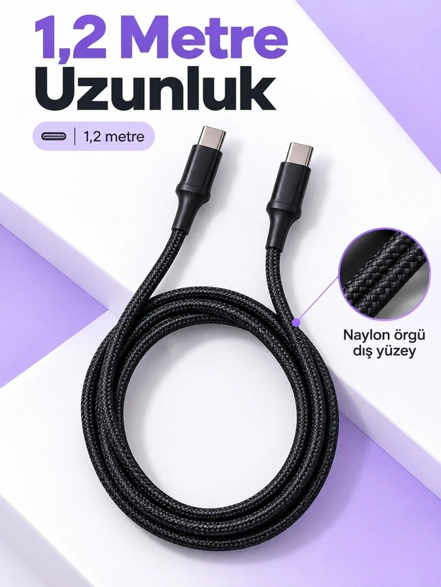 Ers Telefon Ve Tablet İçin Type C To Type C Örgülü Şarj Kablosu