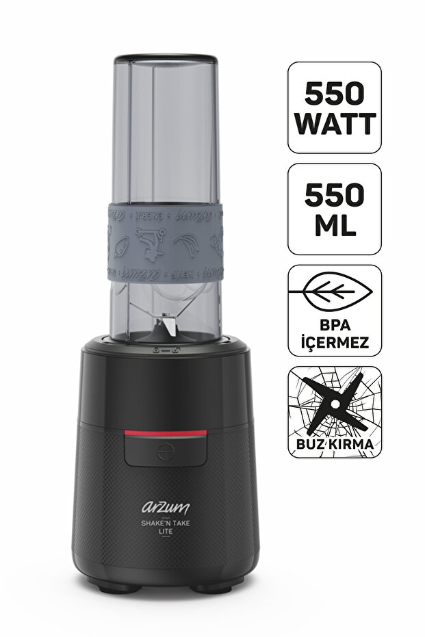 Arzum AR1191 Shake'N Take Lite Kişisel Blender 550W, 550 ml Taşınabilir Şişe, Buz Kırma Özellikli, Siyah