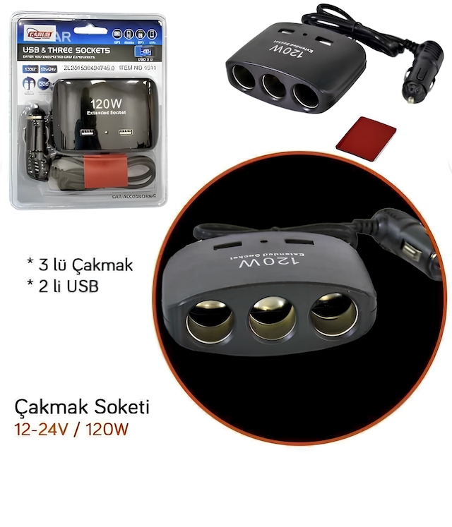 Usb Çakmak Soketi 12v-24v 120w Kablolu 3lü