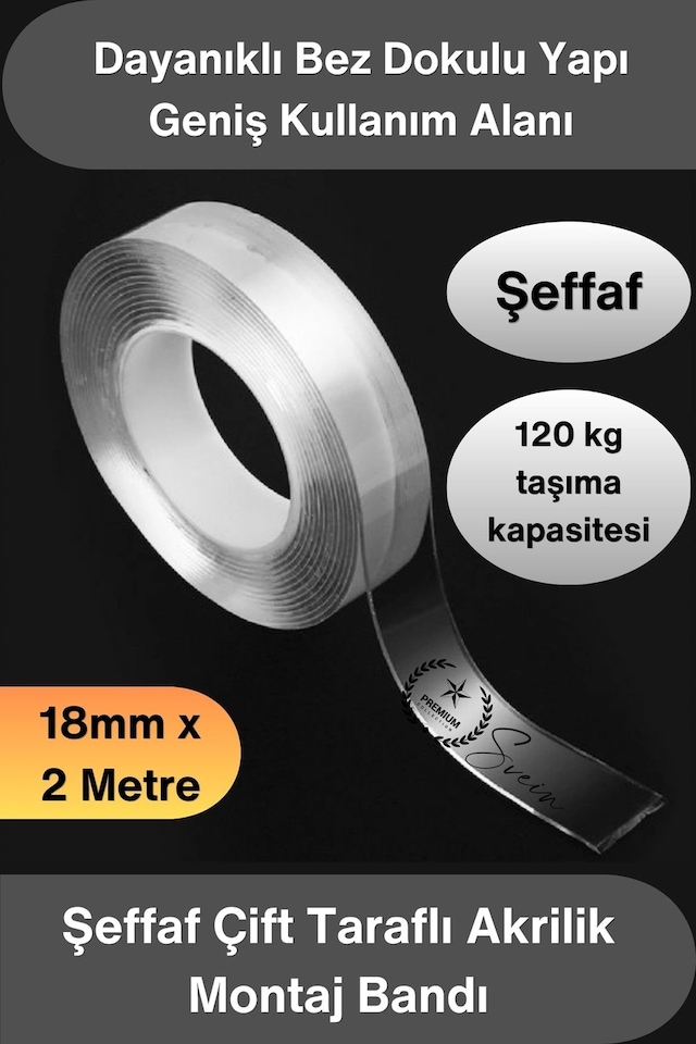 Çifttaraflıbant Şeffaf Çift Taraflı Akrilik Montaj Bandı 18mm X 2 Metre Güçlü Yapışkan İz Bırakmaya Diğer