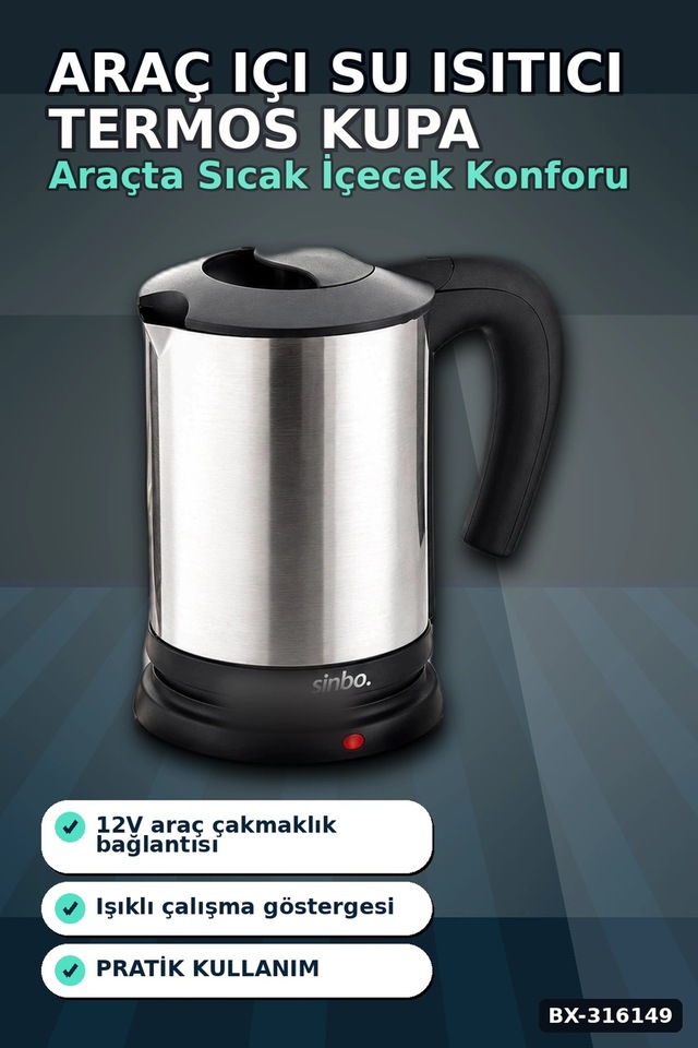 Araç İçi Su Isıtıcı Kettle 12v Çakmaklık Girişli Çelik Gövdeli Termos Kupa Bx-316149