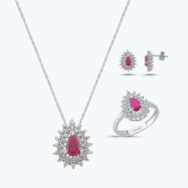 Altınbaş Kırmızı Taşlı Altın Üçlü Damla Set Autk0033-b-24627-k-set