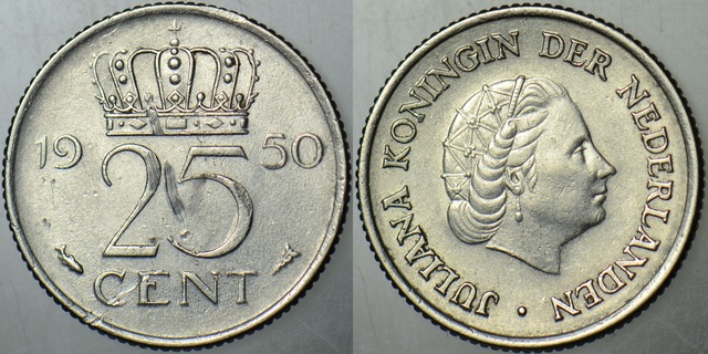 Hollanda 25 Cent 1950 Bu Tipin Basıldığı İlk Yıl. Kraliçe Julıana.
