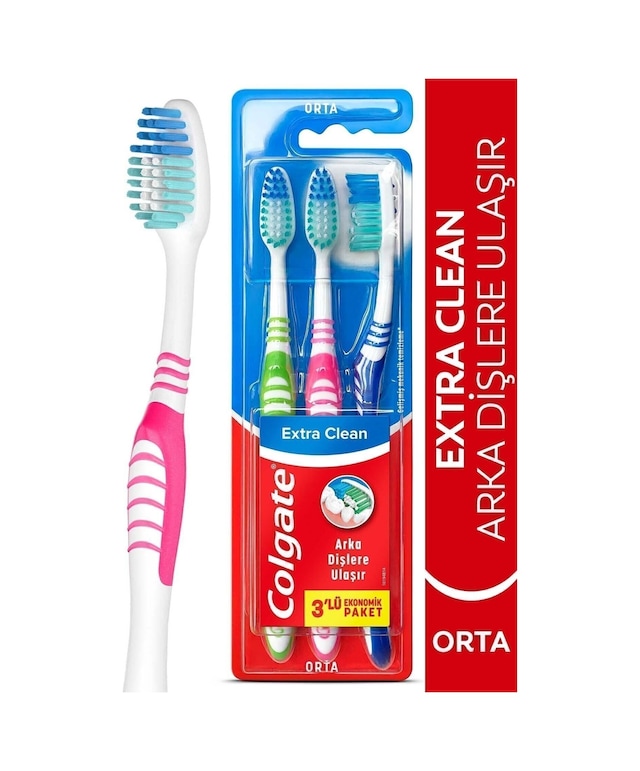 Colgate Extra Clean Dil Temizleyicili Arka Dişlere Uzanan Orta Diş Fırçası 3'lü Ekonomik Pake