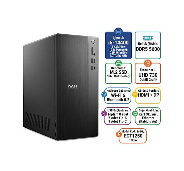 Dell Tower ECT1250-RPLSR003-U-008 i5-14400 16 GB 512 GB SSD W11P Masaüstü Bilgisayar