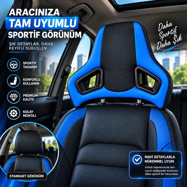Universal Araç Koltuk Kafalığı Spor Yarış Tipi Lüx Deri Oto Başlık-mavi Mavi Siyah