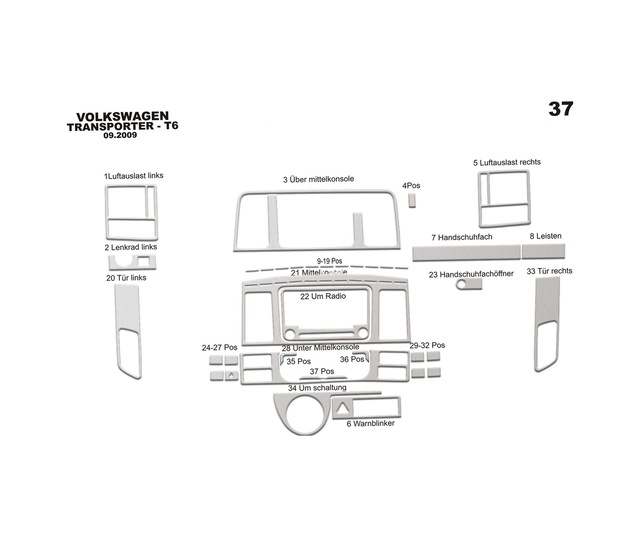 Volkswagen Transporter T6 Torpido Kaplama 2009-2014 37 Parça Alüminyum