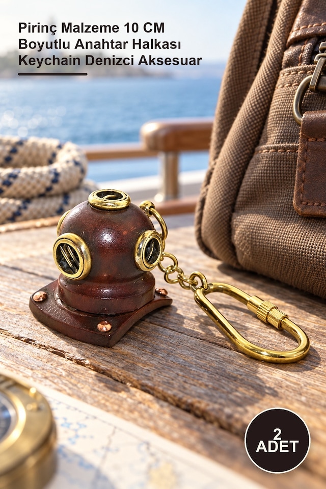 2 Adet Pirinç Dalgıç Başlığı Anahtarlık Pirinç Malzeme 10 Cm Boyutlu Anahtar Halkası Keychain Denizci Aksesuar