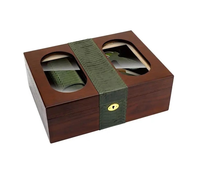 Lubinski Camlı Yılan Deri Ahşap Humidor Puro Kutusu Çakmak-kesici-kılıf Set