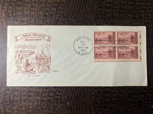 Usa Amerika Damgalı İlk Gün Zarfı New Mexico Acquisition New Mexico Today 1946 Santa Fe Fdc Dörtlü Blok Pullu Teşhir Ürün
