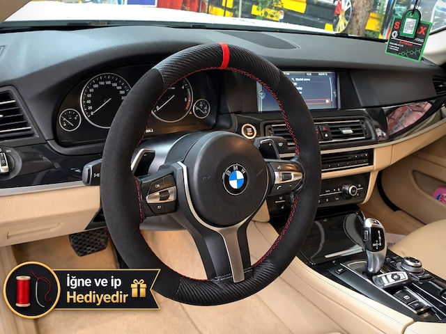 Bmw F10 / F11 Dikme Direksiyon Kılıfı Alcantara Süet Mat Karbon Kırmızı Yüzük Ve Dikiş 2013-2017 Siyah