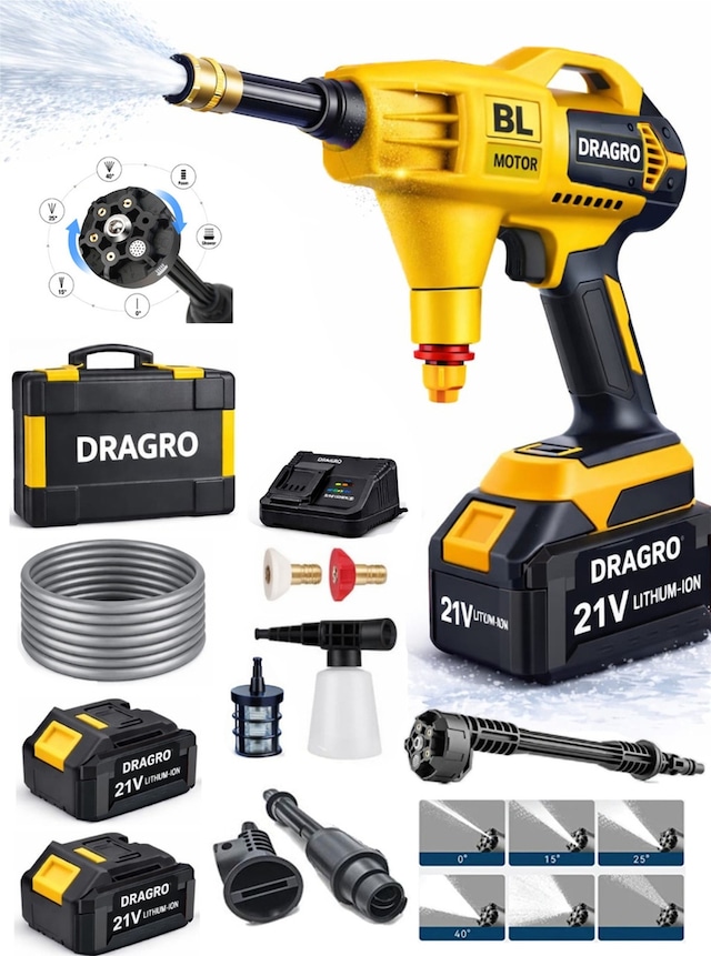 Dragro Drg-21vs - 21v S Kömürsüz Yüksek Basınçlı Şarjlı Oto Araba Bahçe Yıkama Makinesi Çift Akülü