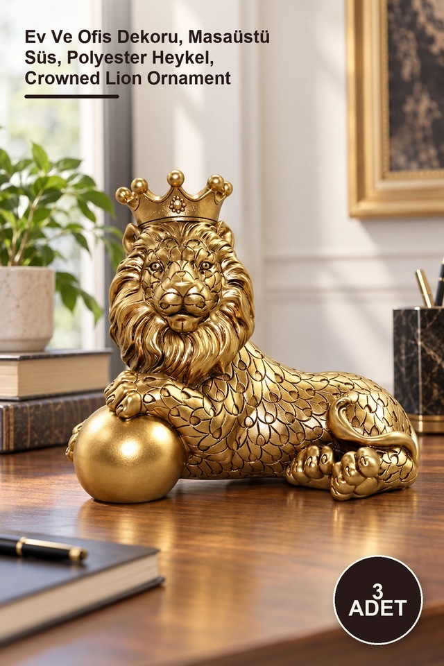 3 Adet Polyester Dekoratif Taçlı Aslan Figürü Ev Ve Ofis Dekoru, Masaüstü Süs, Polyester Heykel, Crowned Lion Ornament
