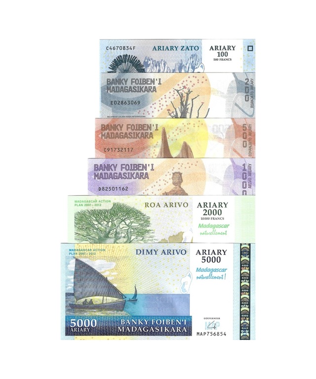 Madagaskar Set 100/200/500/1000/2000/5000 Yabancı Kağıt Para Seti Çil Unc Koleksiyon Para