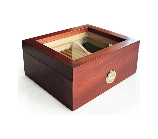 Mezmob Masif Yerli Sedir Ağacı Humidor Puro Kutusu Camlı 2 Bölmeli