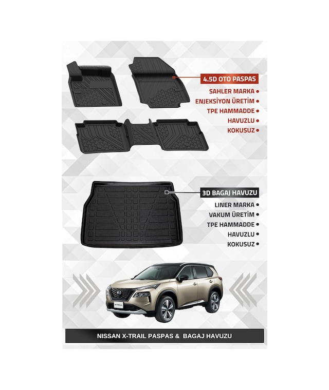 Sahler Nissan X-trail Benzinli 2022+ Uyumlu 4.5d Premium Havuzlu Oto Paspas Ve Liner Marka 3d Bagaj Havuzu