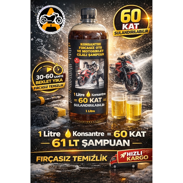 1 Litre Konsantre Fırçasız Oto Ve Motosiklet Şampuanı 60 Kat Sulandırılabilir