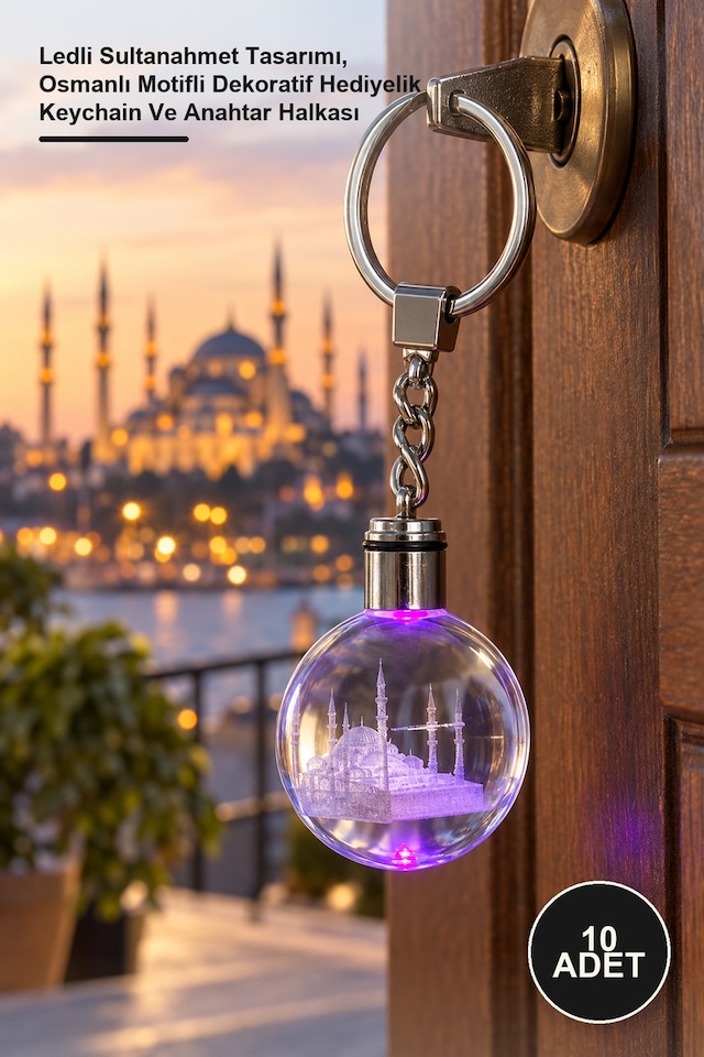 10 Adet Kristal Anahtarlık Ledli Sultanahmet Tasarımı, Osmanlı Motifli Dekoratif Hediyelik Keychain Ve Anahtar Halkası