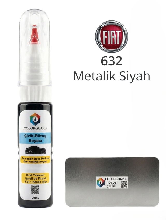 Colorguard Fıat 632 Metalik Siyah İğneli Ve Fırçalı Özel Tasarım Şişe Rötuş Boyası Ve Profesyonel Rötuş Çeliği Seti