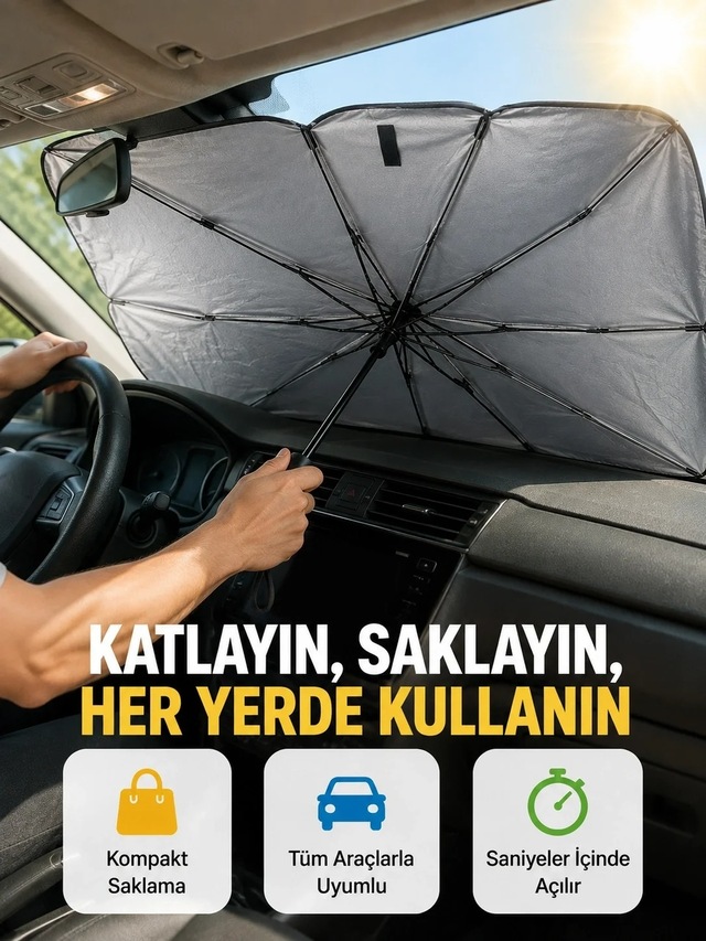 Ers Dayanıklı Upe Alaşımlı Şemsiye Tipi Araç Güneşliği - Kolay Katlanır Yeni Nesil