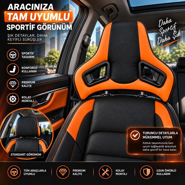Universal Araç Koltuk Kafalığı Spor Yarış Tipi Lüx Deri Oto Başlık-turuncu Turuncu Siyah