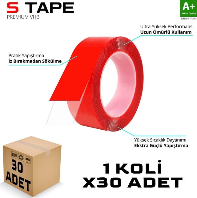 S-dizayn Çift Taraflı Bant 20mm X 5 Metre Şeffaf Silikon Vhb Bant 30'lu Koli A+kalite
