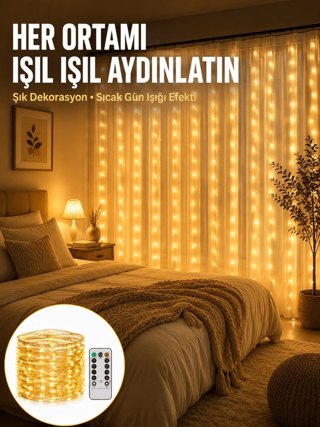 Dekoratif Perde Peri Led Günışığı Renk 8 Fonksiyonlu Işık Yeni Ne