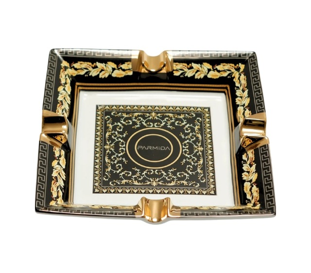 Parmida Siyah Gold Şeritli Desenli Dörtlü Porselen Puro Küllüğü - Tr9713