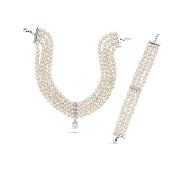 6,5 Mm Choker Zirkon Taşlı Doğal İnci Kolye Bileklik İkili Set