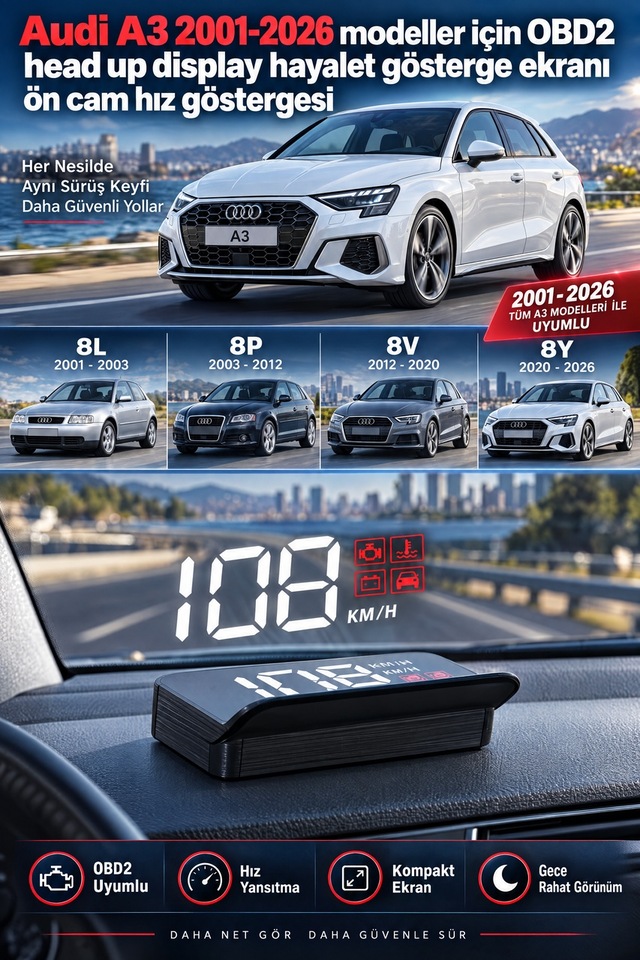 Audi A3 2001-2026 Modeller İçin Obd2 Head Up Display Hayalet Gösterge Ekranı Ön Cam Hız Göstergesi