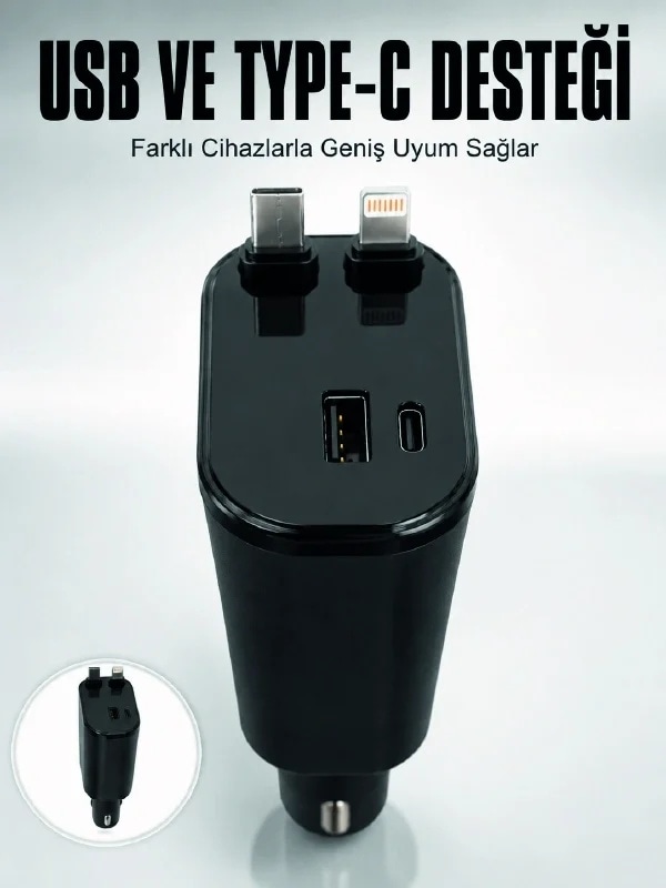 Ers Araç Çakmaklık Şarj Cihazı 120w Type-c & Lightning Kablolu Çoklu Hızlı Şarj İstasyonu