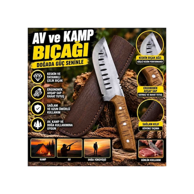 Av Ve Kamp Bıçağı Keskin Çelik Bıçak Ergonomik Ahşap Sap Ve Deri Kılıflı