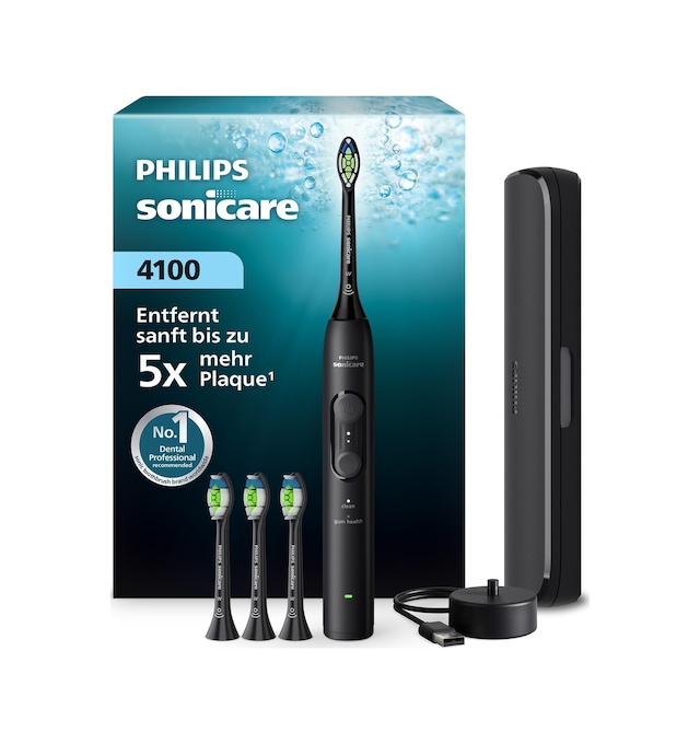 Philips Sonicare Series 4100 Elektrikli Diş Fırçası - Basınç Sensörlü Sonic Diş Fırçası, 4 Fırçalama Ayarı, Easystart, Smartimer, 21 Günlük Çalışma Süresi, Seyahat Çantası, Siyah, Hx4046/52, Yeni