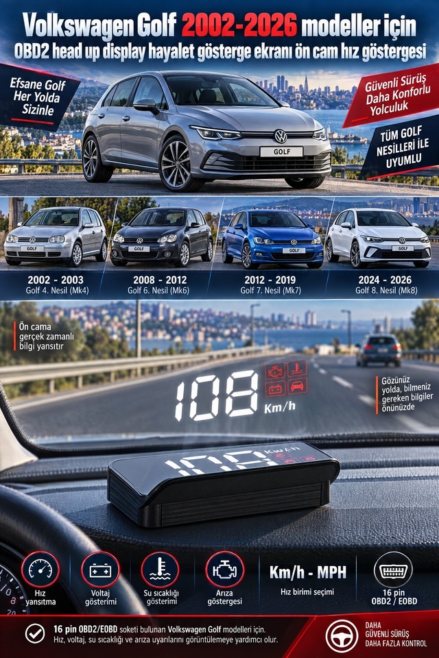 Volkswagen Golf 2002-2026 Modeller İçin Obd2 Head Up Display Hayalet Gösterge Ekranı Ön Cam Hız Göstergesi