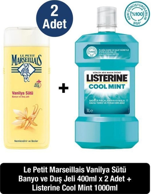 Listerine Coolmint Ağız Bakım Suyu 1 L + Lpm Vanilya Sütü Duş Jeli 2 x 400 ML
