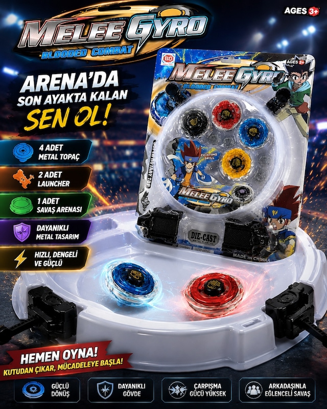 Meleegyro 4 Lü Metal Beyblade Arena Seti 4 Topaç 2 Fırlatıcı
