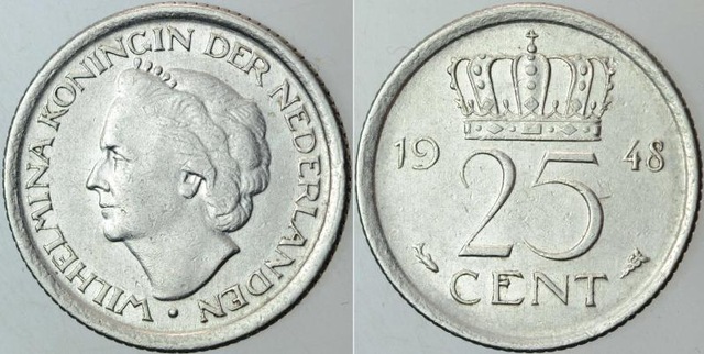Hollanda 25 Cent 1948 Kraliçe Wilhelmina Dönemi.