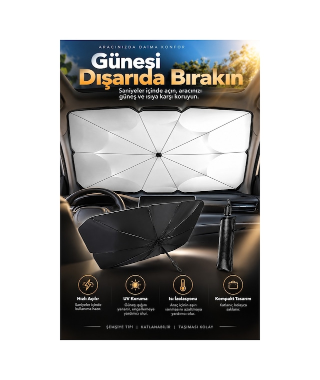 Robeve Şemsiye Tipi Araç Ön Cam Güneşliği - Hızlı Açılır Katlanabilir Uv Ve Isı Korumalı Oto Güneşlik, Taşıma Kılıflı Kompakt Araba Güneş Şemsiyesi Araç Şemsiyesi Araç Güneşlik