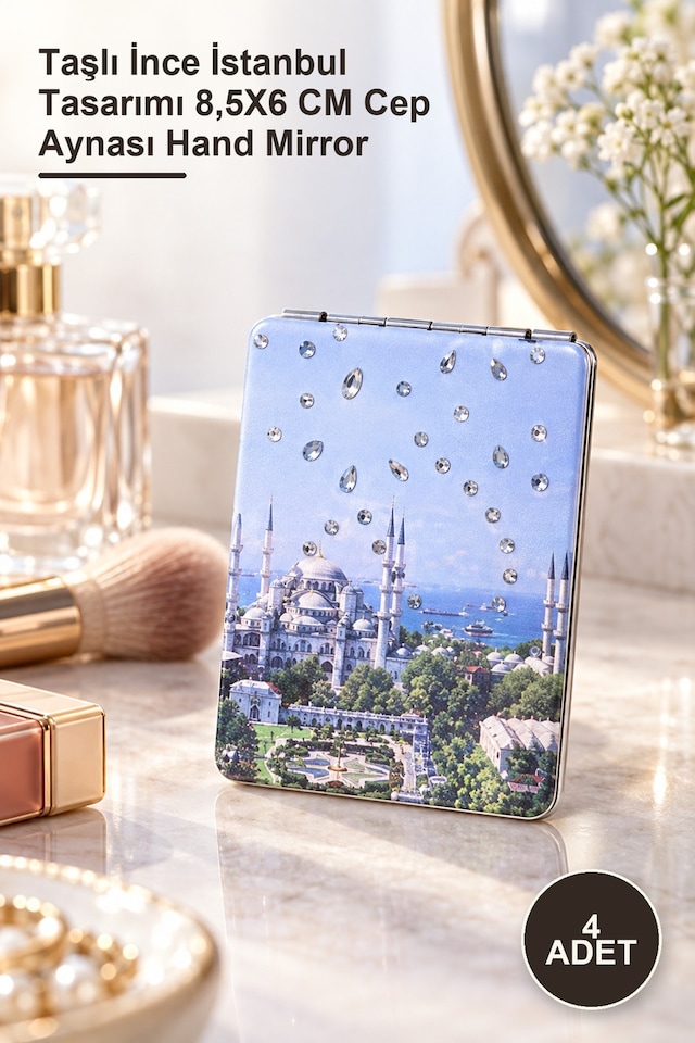 4 Adet El Aynası Taşlı İnce İstanbul Tasarımı 8,5x6 Cm Cep Aynası Hand Mirror
