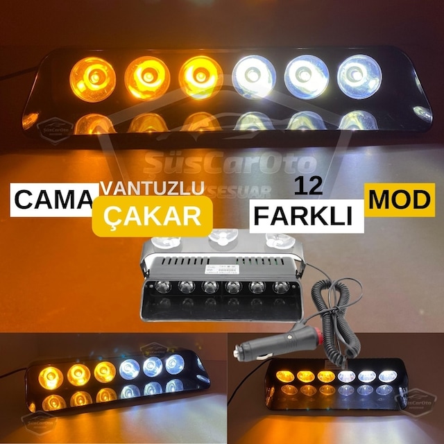 S6 Cam İçi Vantuzlu Ambulans İtfaiye Çakar Lamba İkaz Lambası 6 Ledli 12 Farklı Mod Sarı Beyaz Çakmaklık Girişli Aksesuar