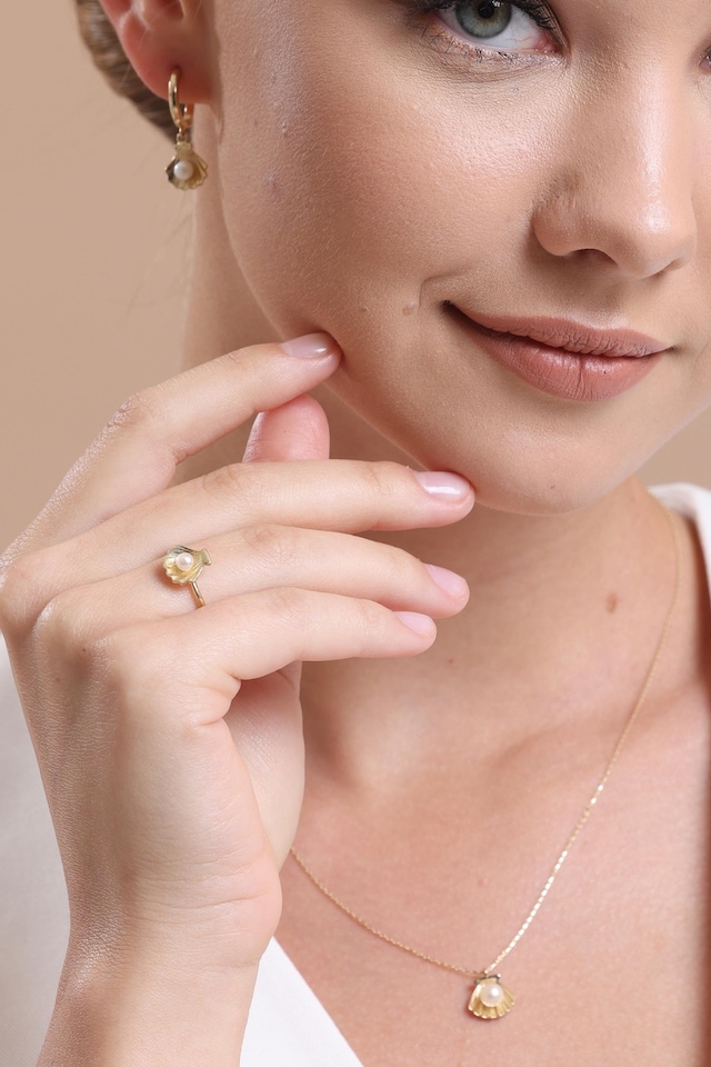 4,5 Mm İstiridye Doğal İnci Küpe Kolye Yüzük Üçlü Set 8