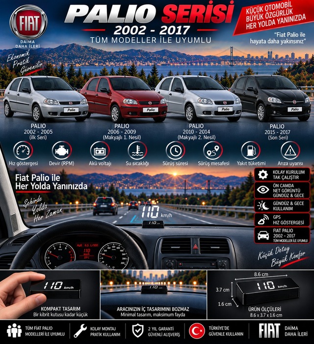 Fiat Palio 2002-2017 Modeller İçin Head Up Display Hayalet Gösterge Ekranı Ön Cam Hız Göstergesi