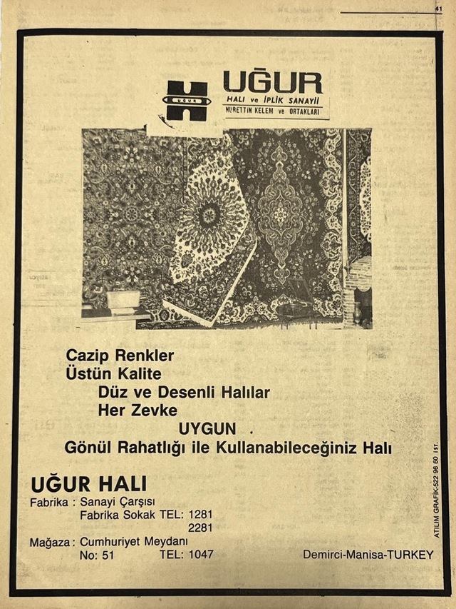 Manisa 1987 Meslek Reklam İlanı Efemera S-41 Teşhir Ürün