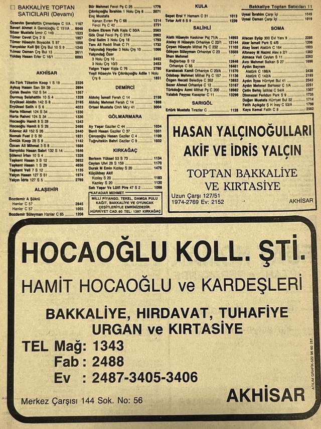 Manisa 1987 Meslek Reklam İlanı Efemera S-11 Teşhir Ürün