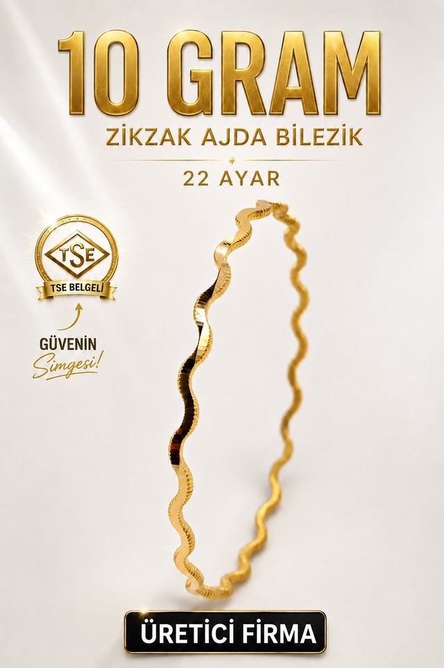 22 Ayar Tse Belgeli 10 Gram Zikzak Ajda Altın İşçiliksiz Bilezik Gold Nişan Düğün