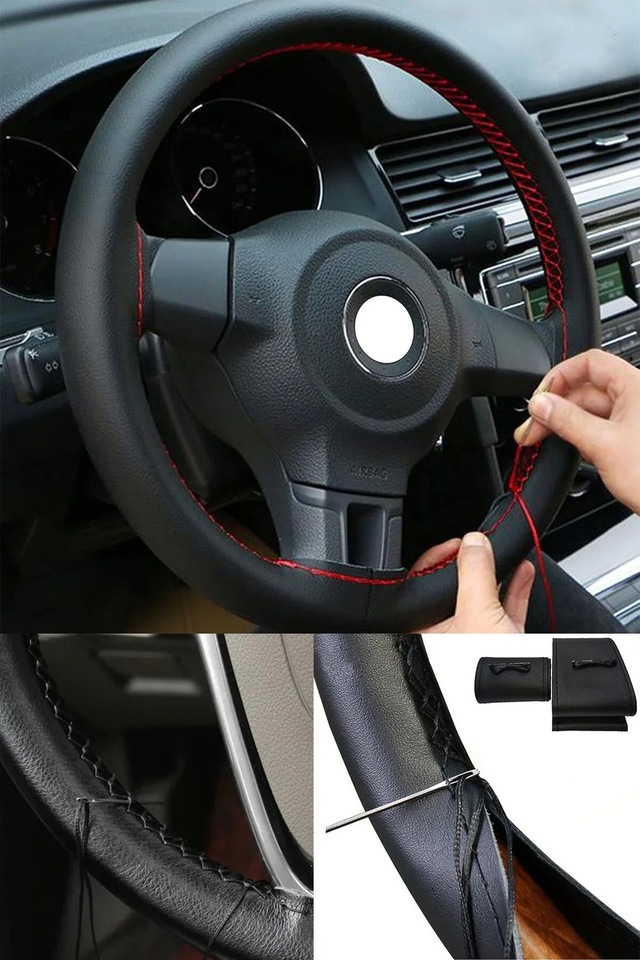 Fiat Doblo 2 Uyumlu Direksiyon Kılıfı Dikmeli Siyah Deri Kırmızı Dikişli