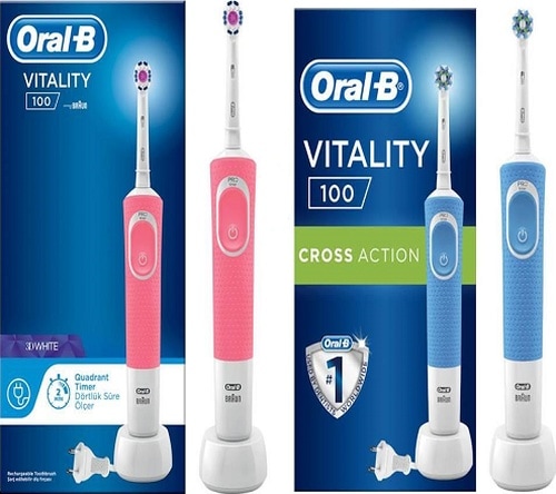 Oral-B D100 3D White Pembe Şarjlı Diş Fırçası + Cross Vitality Mavi Şarjlı Diş Fırçası