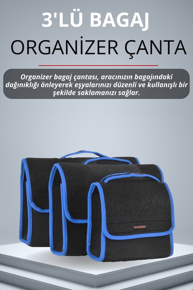 3'lü Cırtlı Keçe Kumaş Oto Bagaj Çantası Geniş Hacimli,dayanıklı,araç İçi Düzenleyici Mavi Kenar