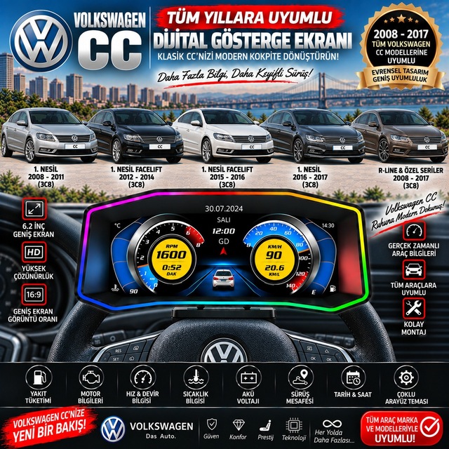 Volkswagen Cc 2008-2017 Model Uyumlu Harici Digital Gösterge Odb Ekran Arıza Göstergesi Turbo Gösterge Hayalet Ekran