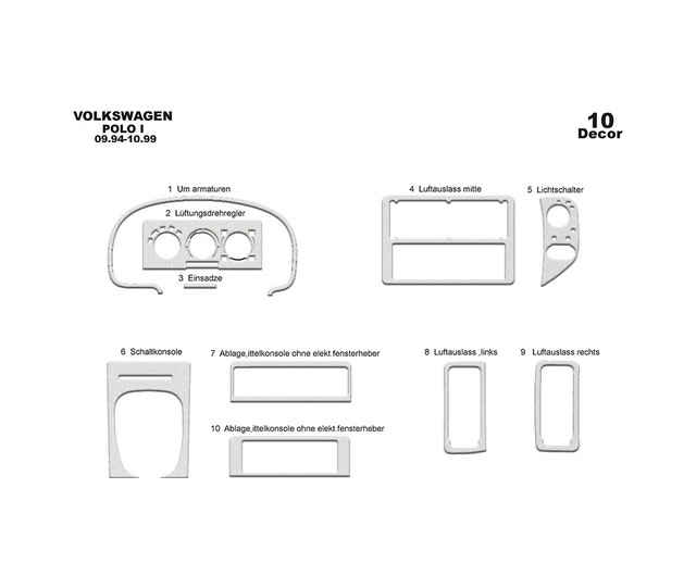 Volkswagen Polo Uyumlu Torpido Kaplama 1994-1999 10 Parça Alüminyum